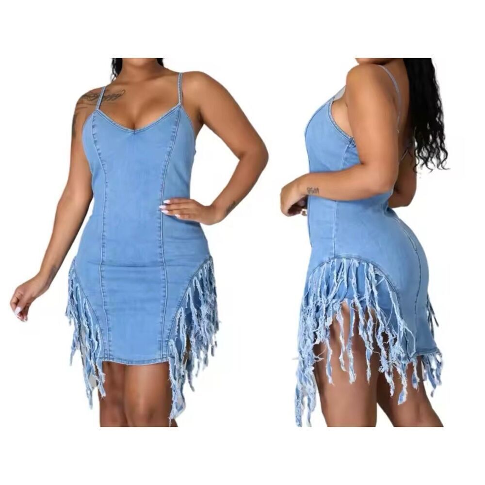 Love by Chesley Women’s Denim Spaghetti Strap Tassel Jean Dress Size 1X NEW - Picture 7 of 7